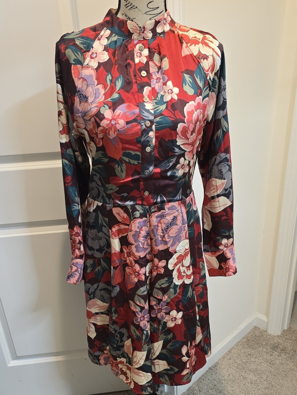 Tahari ASL Floral Long-Sleeve Dress in Red and Pink